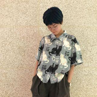 Cat Printed Short-sleeve Shirt White & Gray - One Size