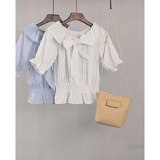 Pinstriped Short-sleeve Tie-neck Blouse