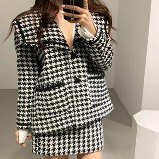 Houndstooth Woolen Jacket / Mini A-line Skirt