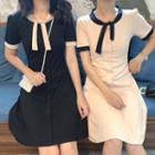 Short-sleeve Contrast Trim Bow Dress