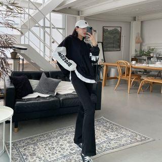 Set: Layered-hem Two-tone Hoodie + Bootcut Pants