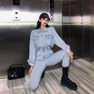 Long-sleeve Denim Straight-leg Cargo Jumpsuit