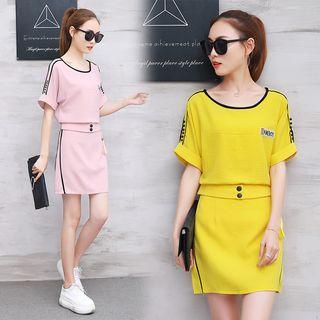 Set : Piped Short-sleeve Top + Mini Skirt