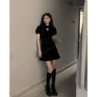 Short-sleeve Heart Cutout Mini A-line Dress Black - One Size