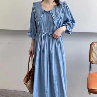 Elbow-sleeve Denim A-line Midi Dress