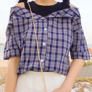 Mock Two-piece Open Shoulder Plaid Short-sleeve Blouse