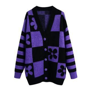 Checkerboard Flower Jacquard Cardigan