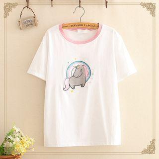 Short-sleeve Unicorn Embroidery T-shirt As Shown In Figure - One Size
