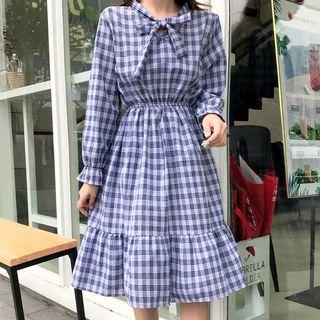 Plaid Long-sleeve Tie-neck A-line Dress
