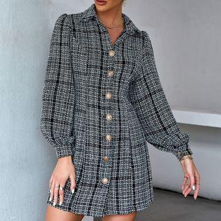 Puff Sleeve Collar Tweed Button-up A-line Dress