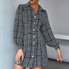 Puff Sleeve Collar Tweed Button-up A-line Dress