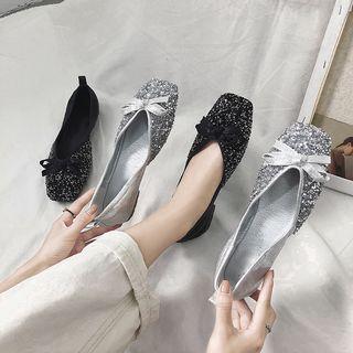 Sequined Bow Accent Square-toe Flats