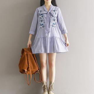 Long-sleeve Embroidery Bow-accent Dress