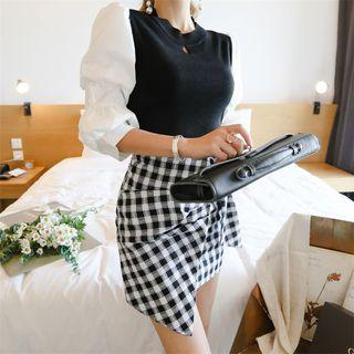 3/4-sleeve Paneled Top / Asymmetric-hem Check Pencil Skirt