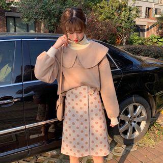 Set: Peter Pan Collar Long Sleeve Top + Dotted Print Skirt