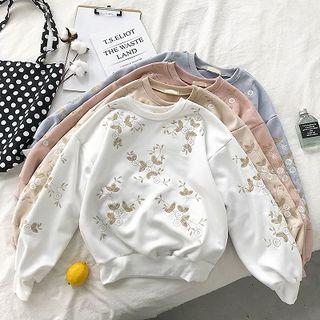 Flower Embroidered Crewneck Suede Long-sleeve Pullover