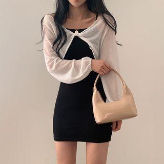 Set: Puff Sleeve Twisted See-through Top + Spaghetti Strap Mini Bodycon Dress
