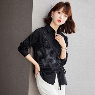 Mock Two-piece Plaid Drawstring Shirt