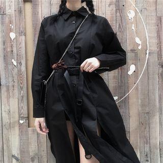 Slit-side Belted Waist Plain Shirtdress
