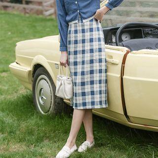 Plaid Pencil Skirt Blue - One Size