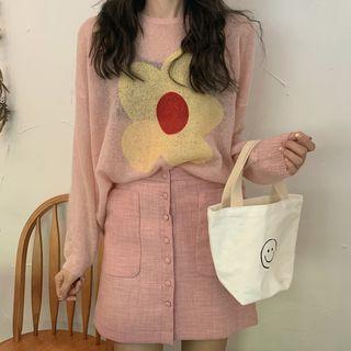 Long-sleeve Floral Knit Top / Buttoned Mini Skirt