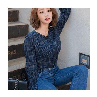 V-neck Checked Blouse