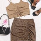 Plain Drawstring Crop Camisole / Leopard Print Mini Skirt
