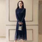 Tie-waist Lace Panel Knit Midi Dress