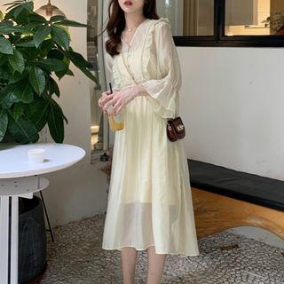 3/4-sleeve Midi A-line Dress Almond - One Size
