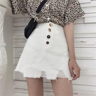 Short-sleeve Shirt / Rip Denim A-line Skirt