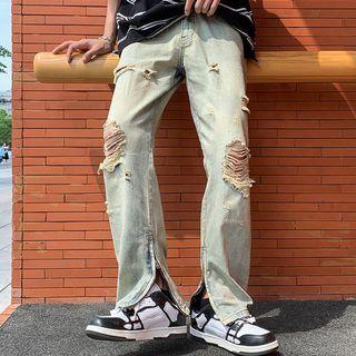 Distressed Zip-accent Straight Leg Jeans