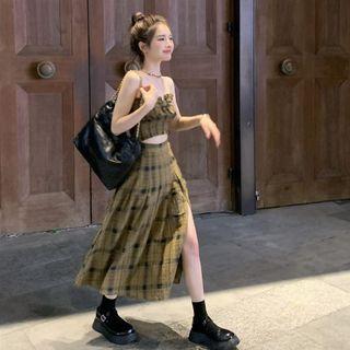 Plaid Cropped Camisole Top / Midi A-line Skirt