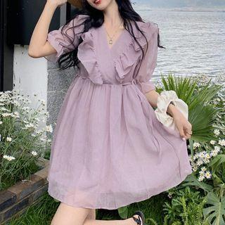 Puff-sleeve Ruffled A-line Dress Purple - One Size