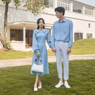 Couple Matching Puff-sleeve Double-breasted Midi A-line Dress / Shirt / Straight Leg Pants