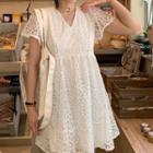 V-neck Embroidered Puff-sleeve Dress