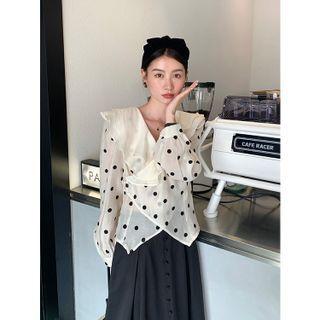 Ruffle Trim Dotted Blouse Black Dot - White - One Size