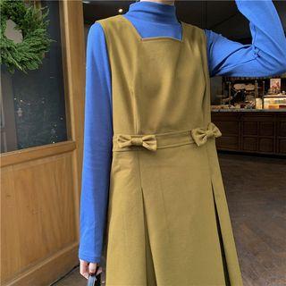 Plain Mock-neck Long-sleeve Top / Ribbon Accent Sleeveless Dress