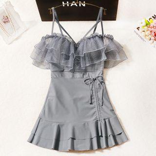 Mesh Ruffled Drawstring Swimdress