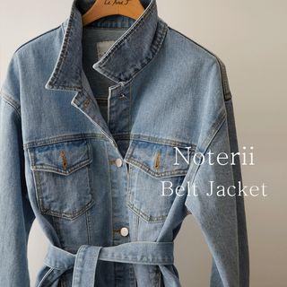 Drop-shoulder Denim Jacket With Sash Light Blue - One Size