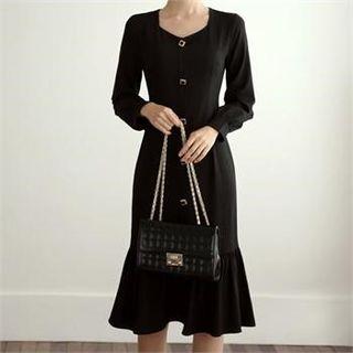 Button-front Ruffle-hem Dress