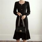 Button-front Ruffle-hem Dress