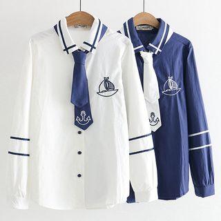 Contrast-trim Embroidered Shirt With Tie