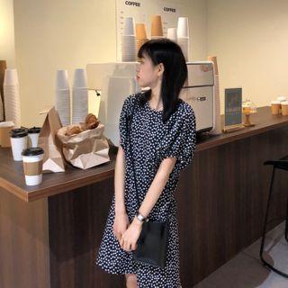 Balloon-sleeve Dotted A-line Dress Black & White - One Size