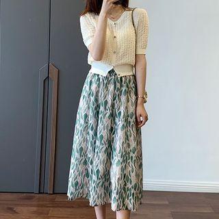 Short-sleeve Cardigan / Midi A-line Skirt / Set