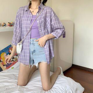 3/4-sleeve Plaid Button-down Shirt