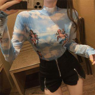 Angel Print Long-sleeve T-shirt / Zip Denim Hot Pants
