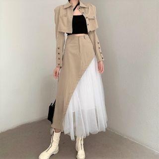 Single-breasted Cropped Jacket / Mesh Panel Midi A-line Skirt