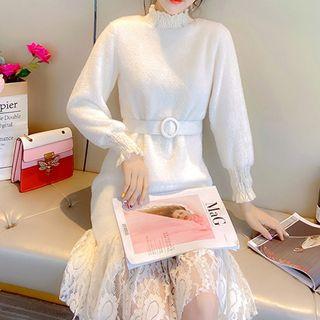Long-sleeve Lace-panel Plain Dress