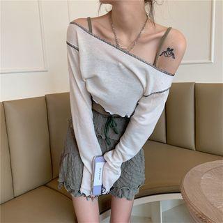 Long-sleeve Frill Trim Crop Top / Camisole Top / Crinkled Mini A-line Skirt