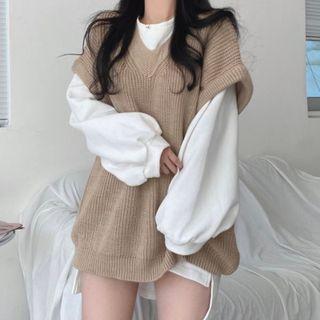 Puff-sleeve Sweatshirt / V-neck Sweater Vest